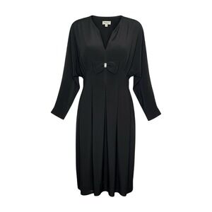 Vintage Adele Simpson Black V Neck Long Sleeve Bow Rhinestone Midi Dress Size 10